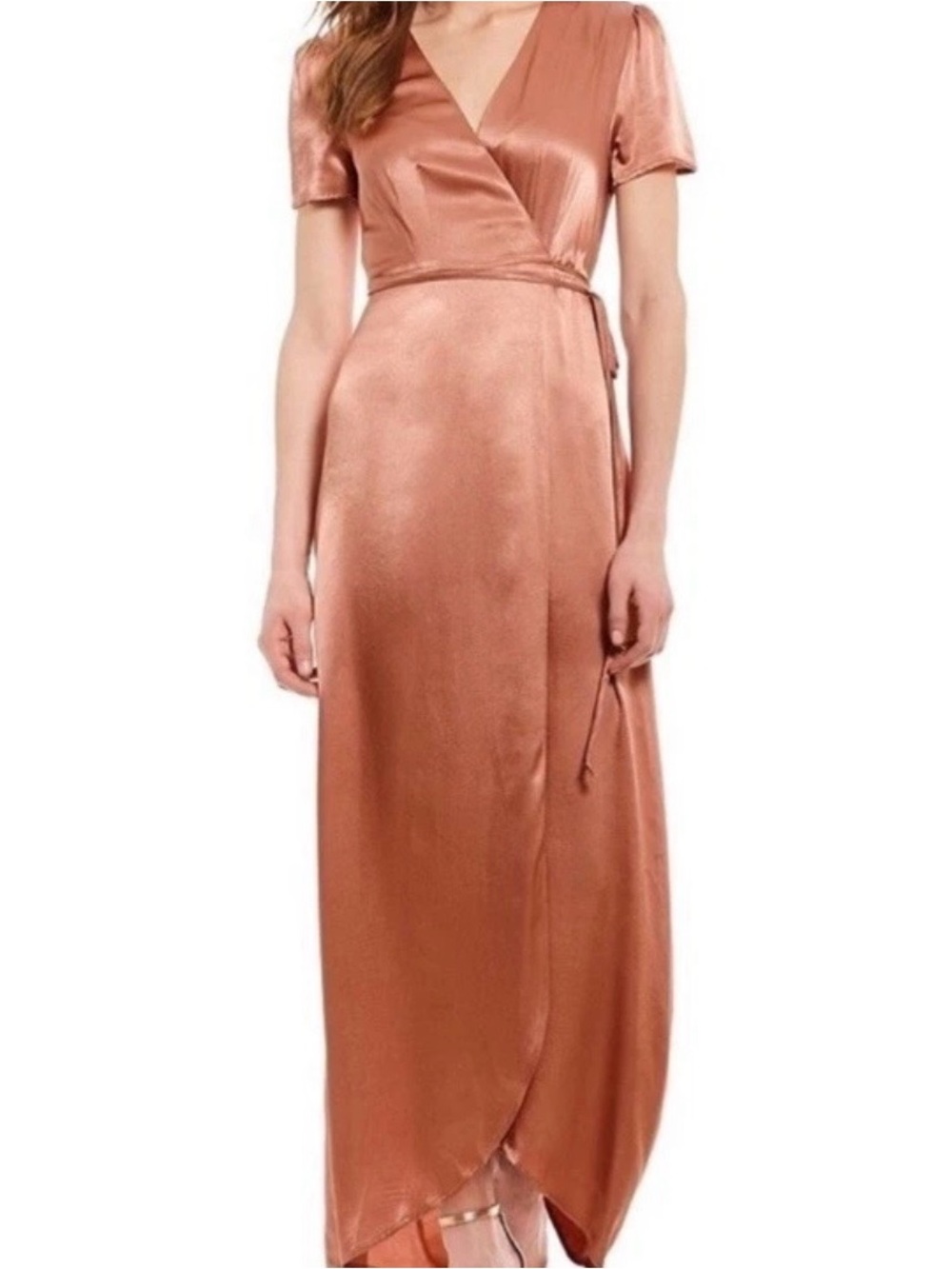 Wayf Rose Gold Satin Wrap Maxi Dress